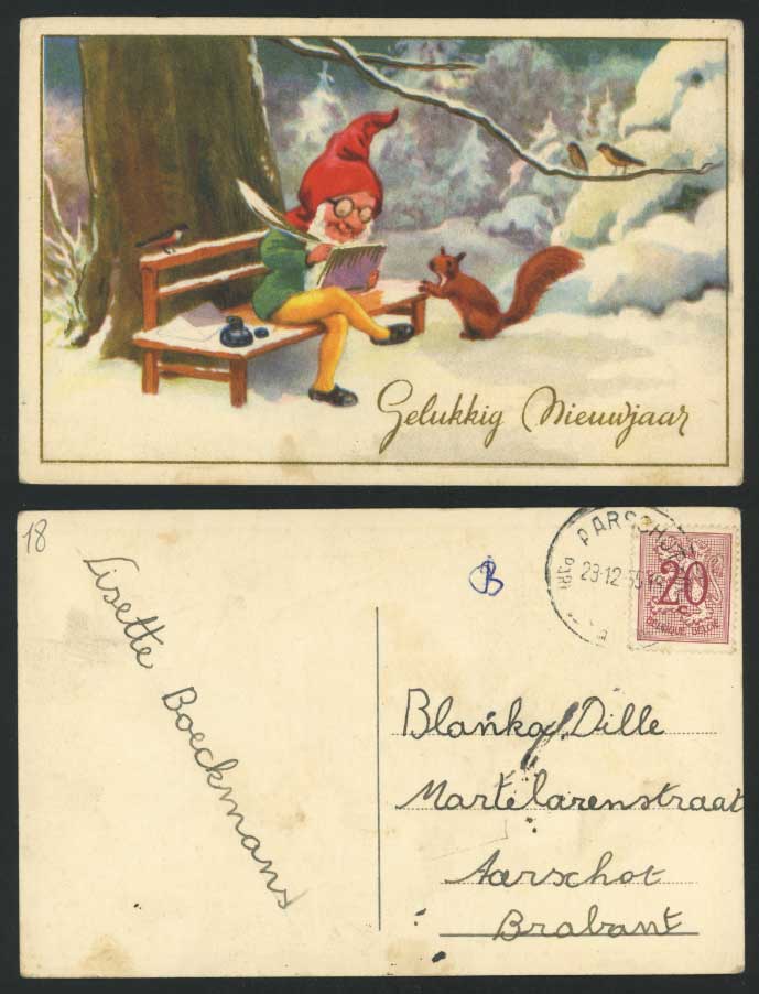 Gnome Writting Letter Feather Pen Red Squirrel Bird Ink Bottle 1955 Old Postcard