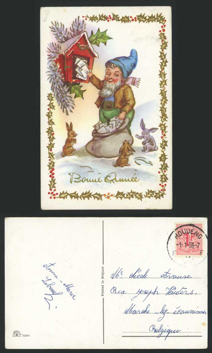 Gnome Postman Delivering Post Letterbox Rabbits Happy New Year 1958 Old Postcard