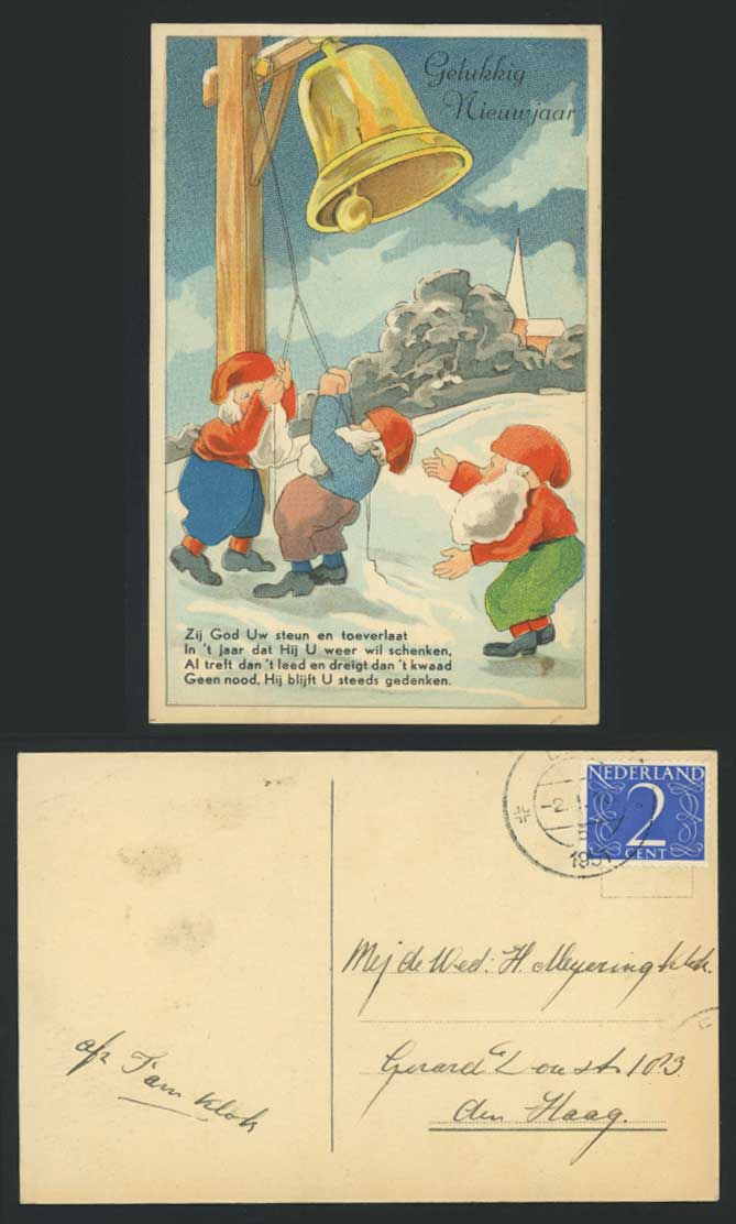 Gnomes Tolling a Large Bell, Happy New Year 1951 Old Postcard Gelukkig Nieuwjaar