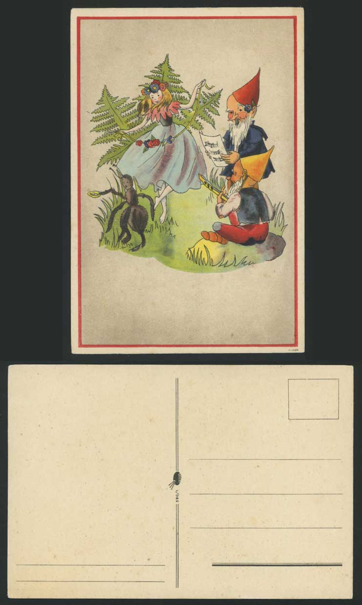 GNOME Musician Spider & Blonde Girl Dancer Dancing Old Art Artist Drawn Postcard