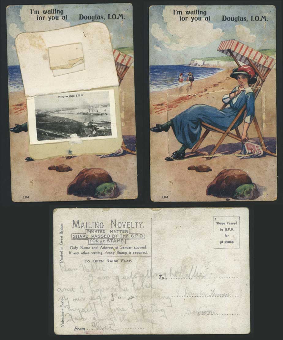 Isle of Man Comic Old Postcard Lady I'm Waiting For U at Douglas Mailing Novelty
