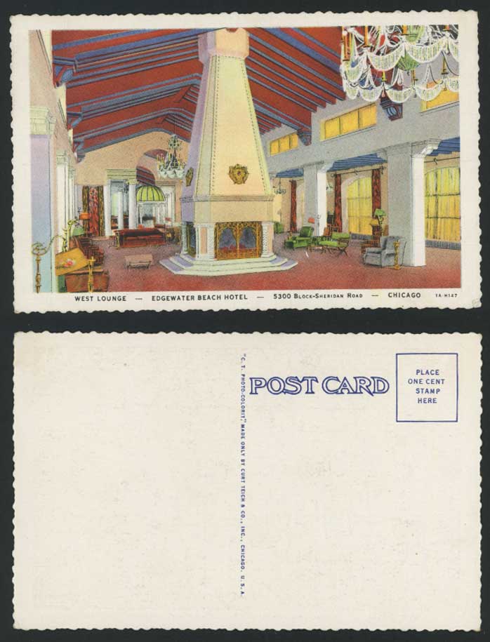 US CHICAGO Old Postcard Edgewater Beach Hotel West Lounge 5300 Block Sheridan Rd