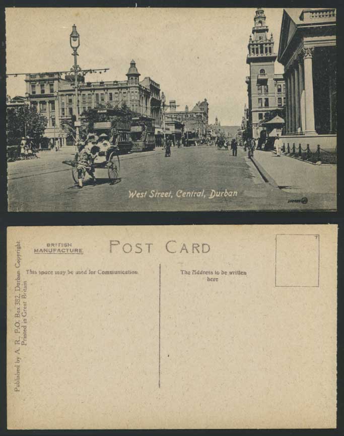 South Africa Durban Old Postcard WEST STREET CENTRAL TRAM to Beach & Ricksha Boy