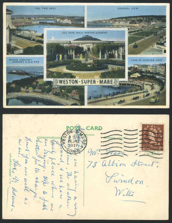 Weston-Super-Mare 1957 Postcard Two Bays & Madeira Cove