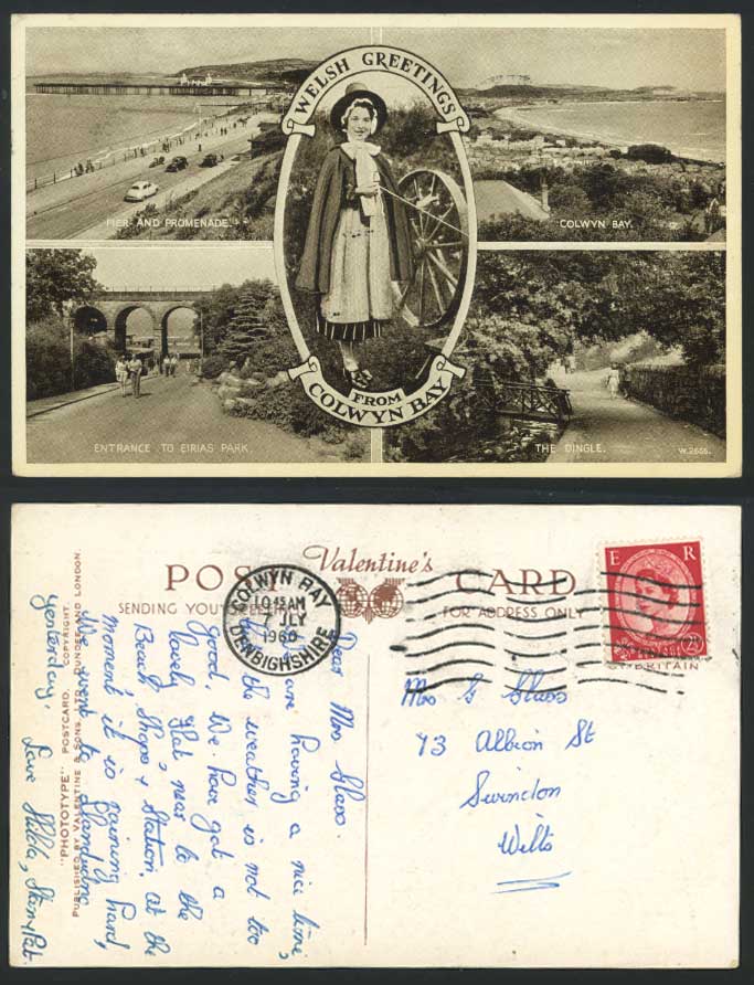 Colwyn Bay 1960 Old Postcard Welsh Lady Spinning Wheel The Dingle Pier Promenade