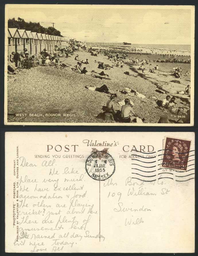 BOGNOR REGIS - WEST BEACH 1955 Old Postcard Beach Huts Pier Sands Seaside Sussex