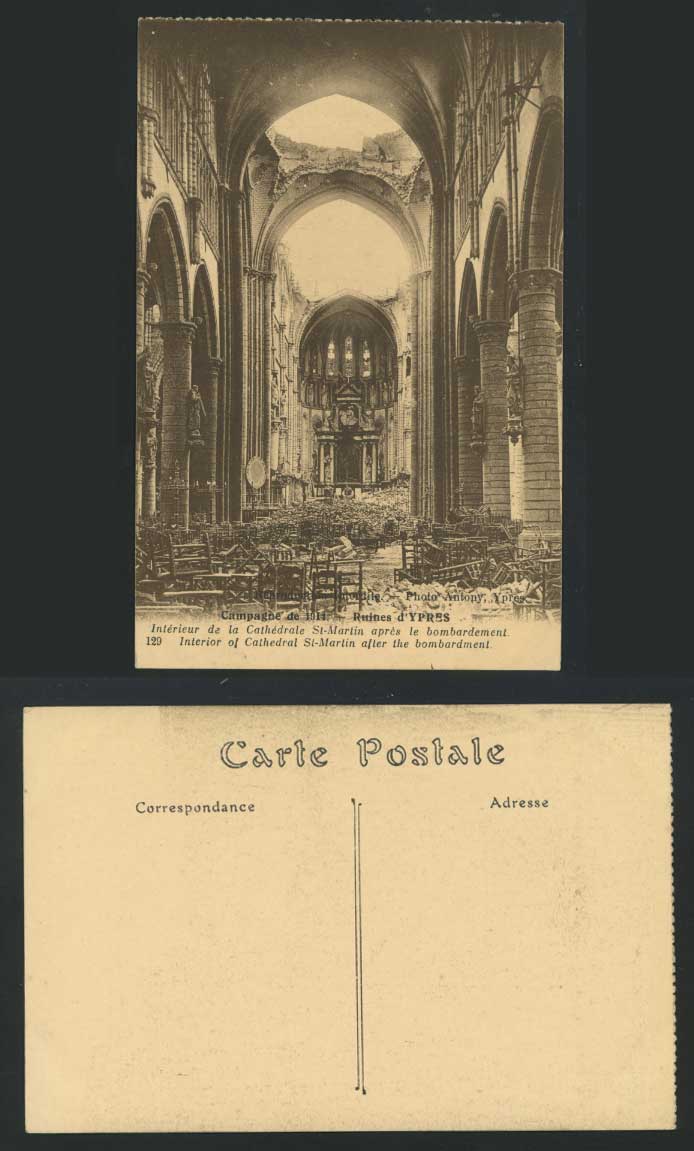 WW1 Ruins 1914 Old Postcard YPRES St-Martin Cathedral Bombed