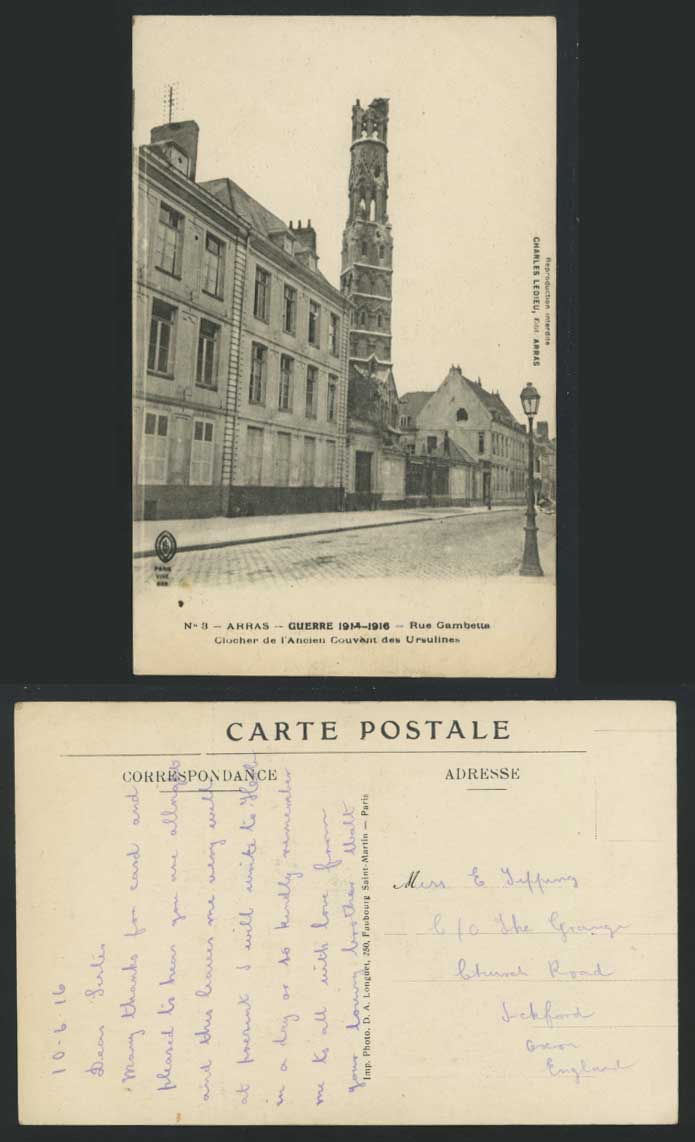 ARRAS WW1 Ruins 1914-1916 Old Postcard Rue Cambetta Street Clock Tower & Convent