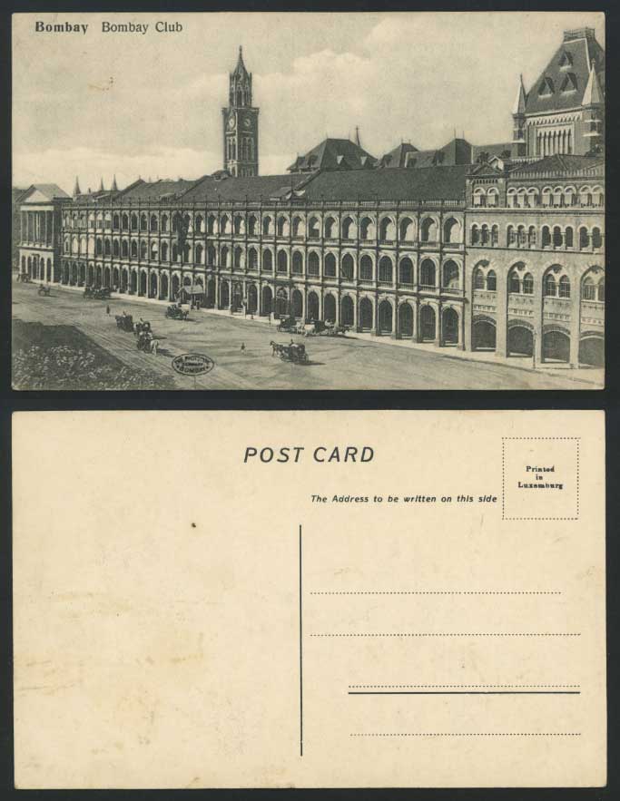 India Old Postcard BOMBAY CLUB, Clock Tower Street Scene Horse Carriages & Carts