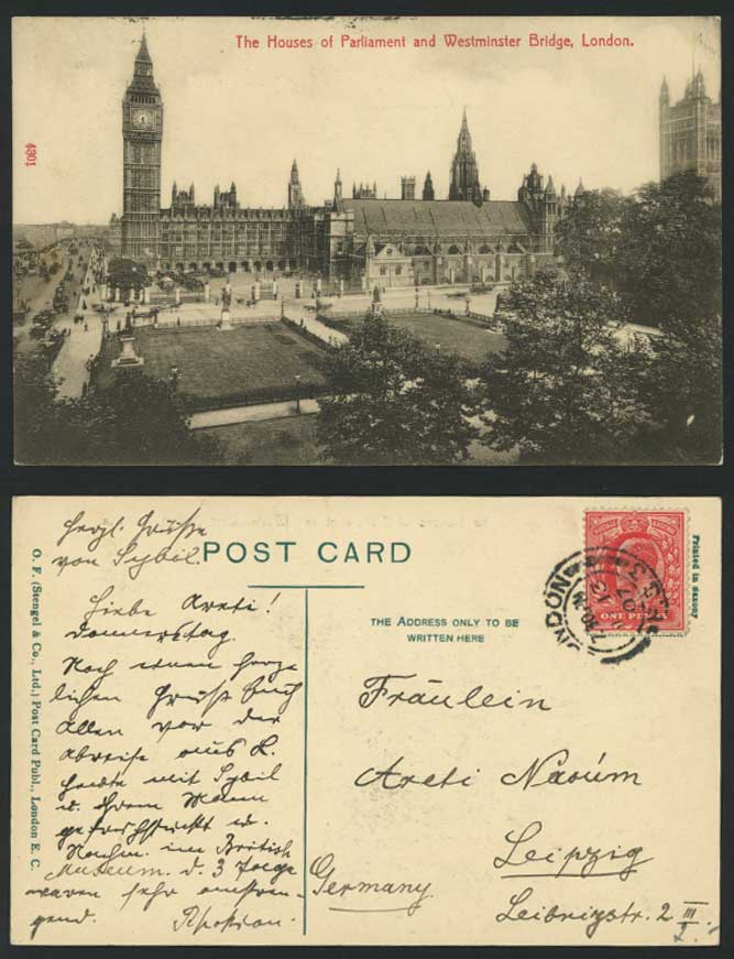 WESTMINSTER BRIDGE, HOUSES of PARLIAMENT 1907  Postcard