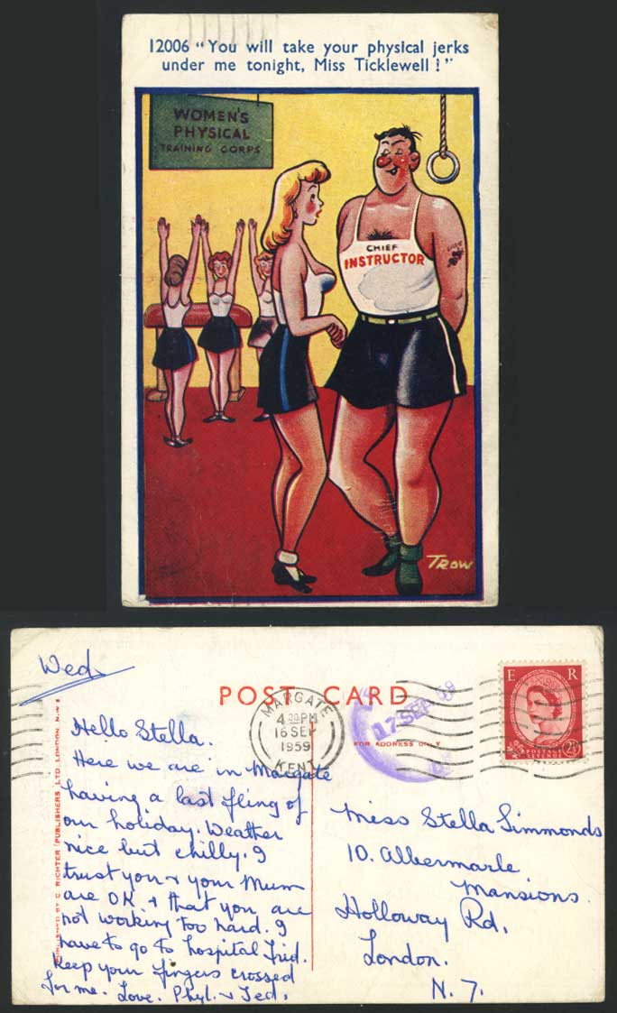 TROW 1959 Old Postcard You Take Physical Jerks under me Tonight, Miss Ticklewell