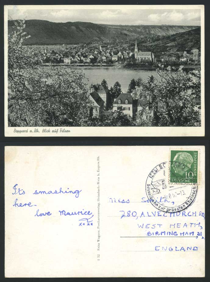 Germany 1957 Old Postcard Boppard a Rh. Blick auf Filsen, Rhein River Scene Mts.
