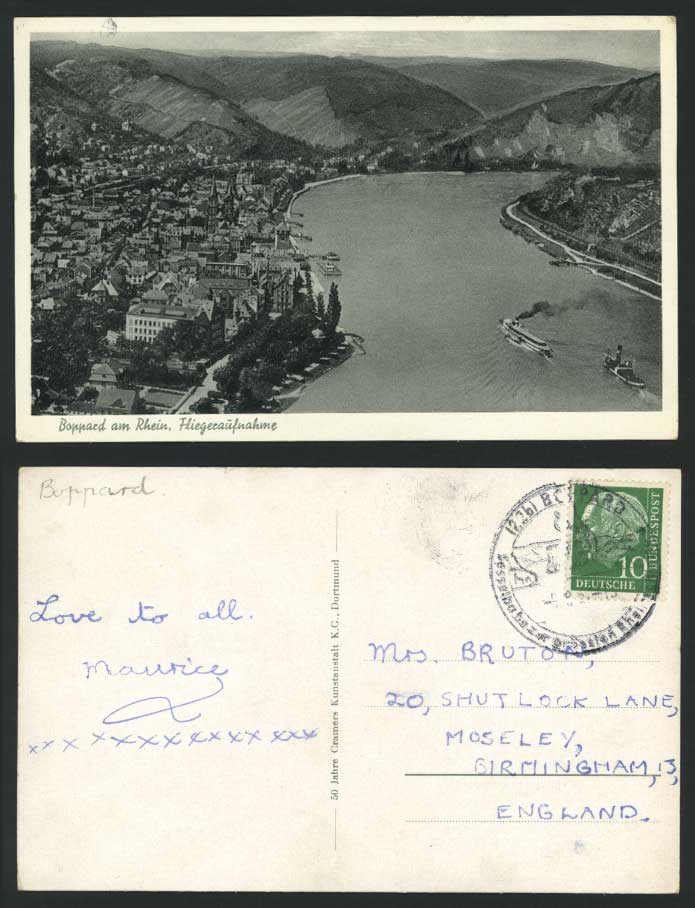 Germany 10pf 1957 Old Postcard Boppard a Rhein Fliegeraufnahme Aerial View River