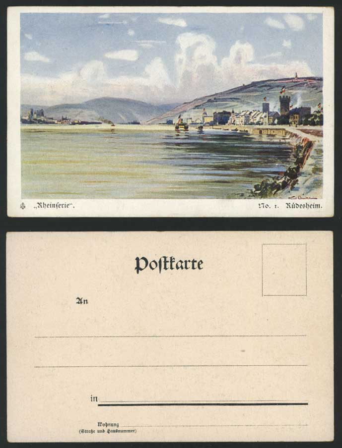 Rheinferie Rhine River Ferry RUEDESHEIM Rudesheim Artist Signed Old ART Postcard