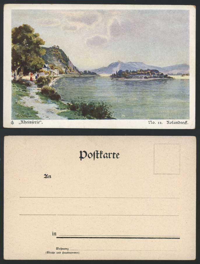 Rolandseck Rheinferie Rhine River Ferry Germany Old Postcard K. O. Artist Signed