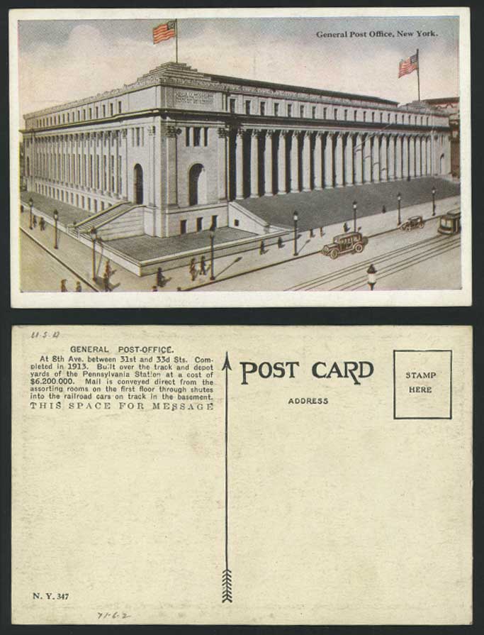 USA Old Postcard General Post Office G.P.O. New York City Street Scene Cars Flag