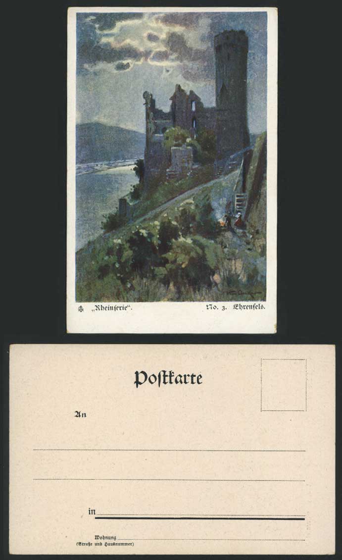 EHRENFELS Castle Ruin Rheinferie Rhine River Ferry Old Postcard KO Artist Signed