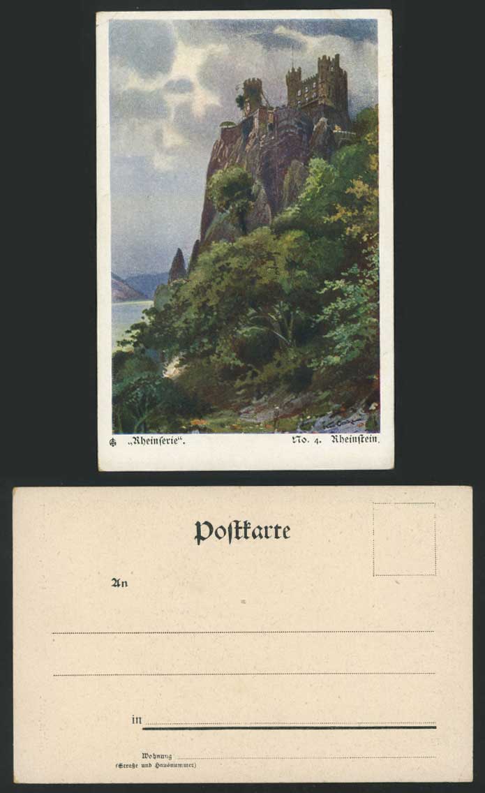 Rheinstein, Rheinferie Rhine River Ferry Germany Old Postcard K.O. Artist Signed