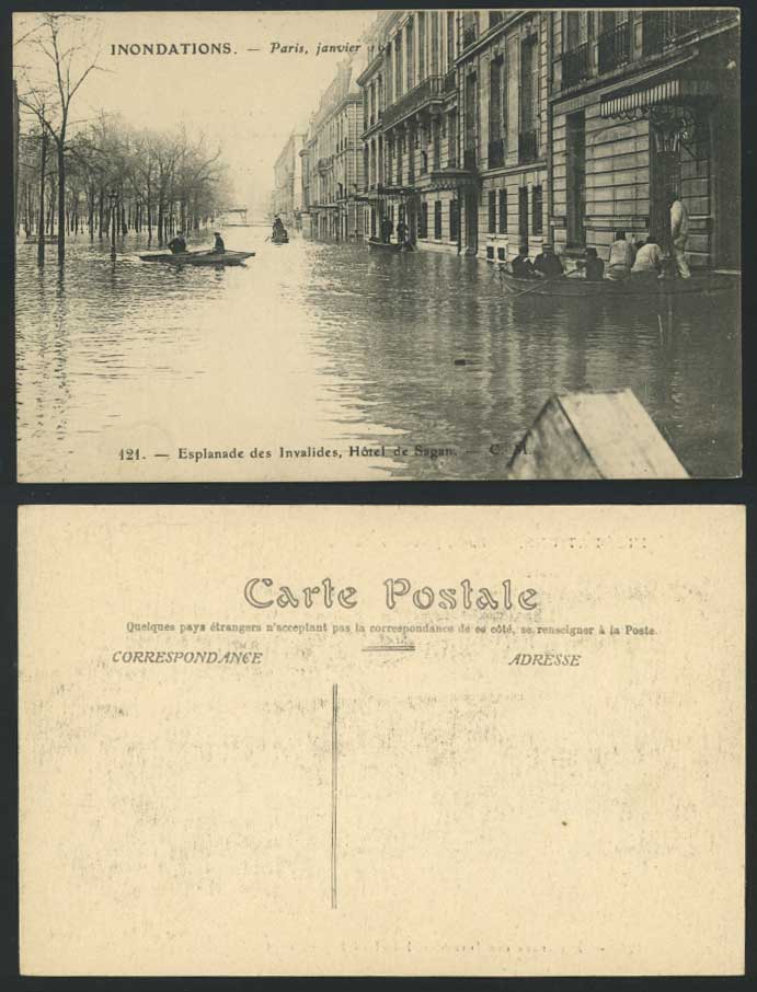 PARIS FLOOD 1910 Old Postcard Esplanade des Invalides Hotel de Sagan Rescue Boat