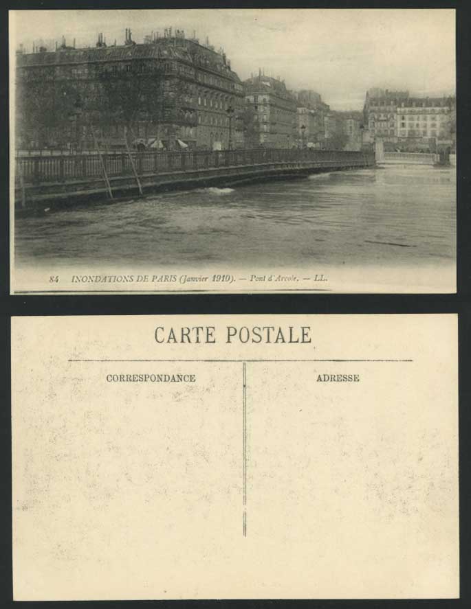 PARIS FLOOD Disaster Jan 1910 Old Postcard Pont d'Arcole Arcole Bridge L.L. N.84