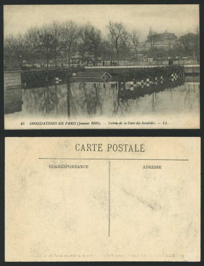 PARIS FLOOD 1910 Old Postcard Gare des Invalides Entrance Railway Station L.L.85