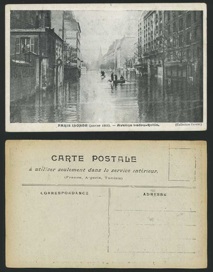 PARIS FLOOD Disaster 1910 Old Postcard Avenue Ledru-Rollin, Boats Flooded Street