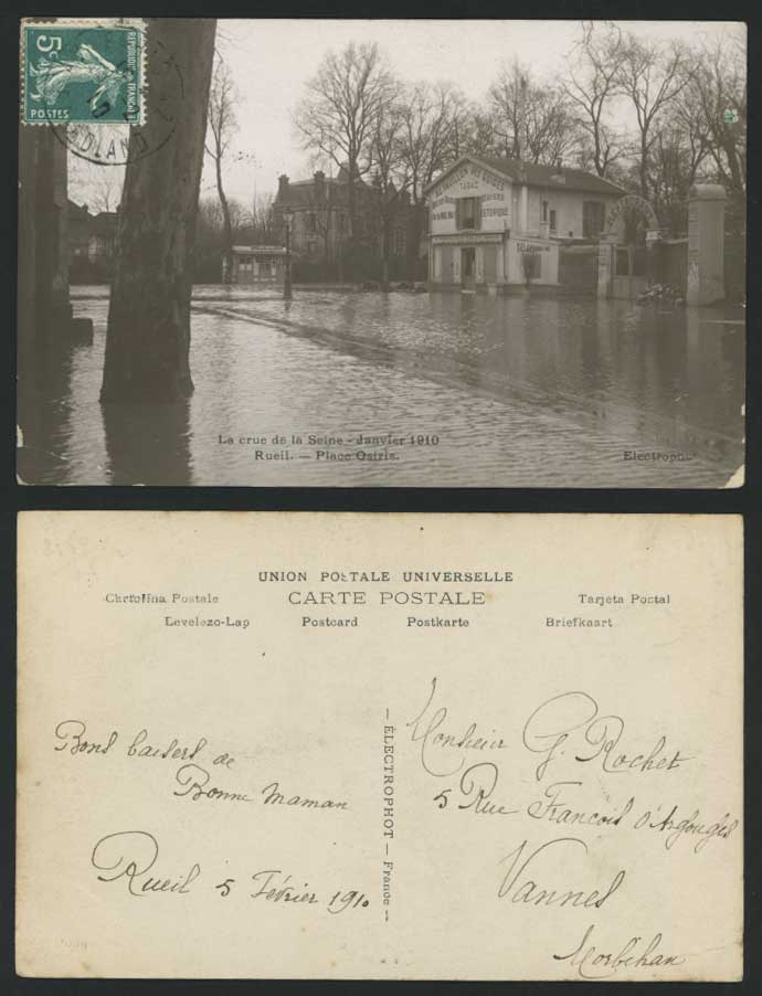 Paris Flood 1910 Old Postcard Rueil Place Osiris, La Crue de la Seine Restaurant