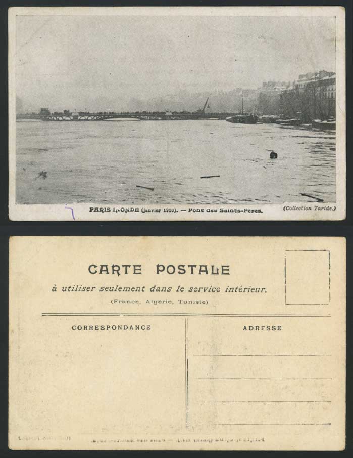 PARIS FLOOD 1910 Old Postcard Pont des Saints-Peres Bridge, Flooded River, Boats