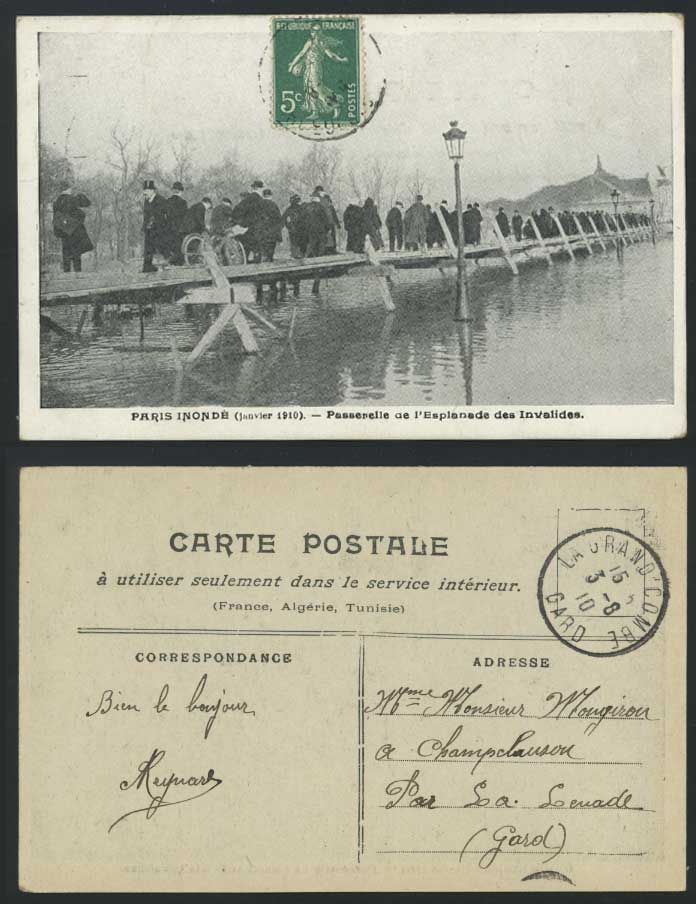 PARIS FLOOD 5c 1910 Old Postcard BICYCLE Passerelle de l'Esplanade des Invalides