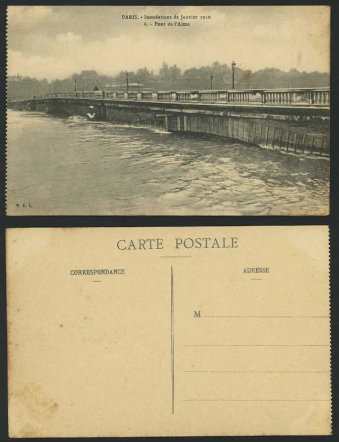 PARIS FLOOD Jan 1910 Old Postcard Pont de d'Alma Alma BRIDGE Flooded River Scene
