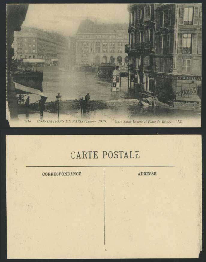 PARIS FLOOD 1910 Old Postcard Railway Station Gare St-Lazare Place de Rome LL218