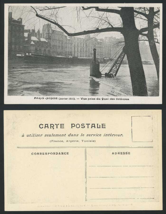 PARIS FLOOD 1910 Old Postcard Vue prise du Quai des Orfevres, Quay, Boats & Snow