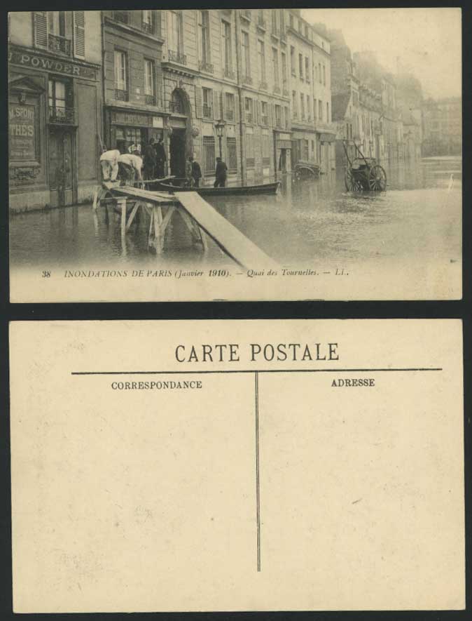PARIS FLOOD 1910 Old Postcard Quai des Tournelles Quay Bridge Powder Shop L.L.38