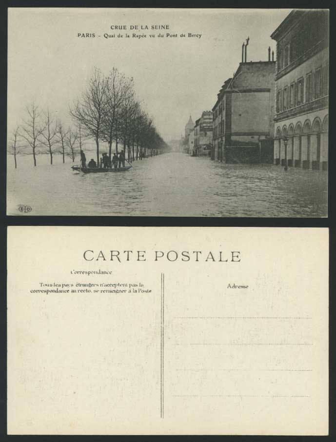 PARIS FLOOD 1910 Old Postcard Quay Quai de la Rapee, vue du Pont de Bercy Bridge