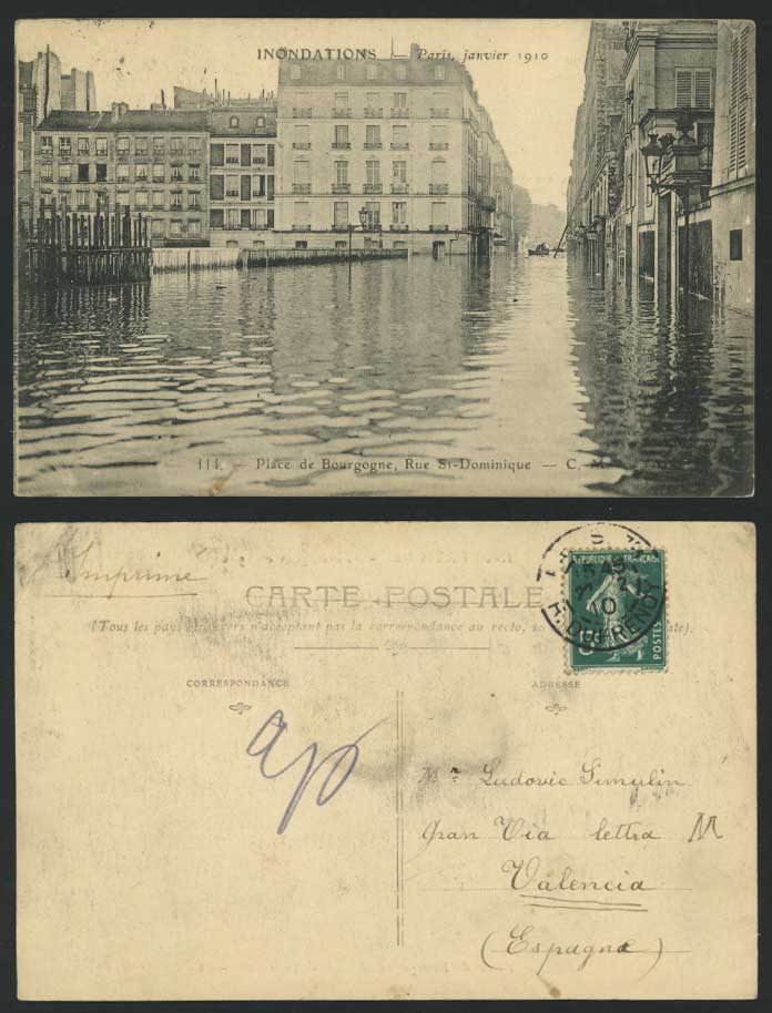 PARIS FLOOD Ja 1910 Old Postcard Place de Bourgogne Rue St-Dominique Street Boat