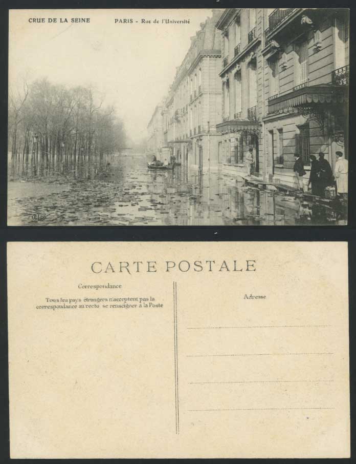 PARIS FLOOD 1910 Old Postcard Rue de l'Universite, University Street Scene Boats