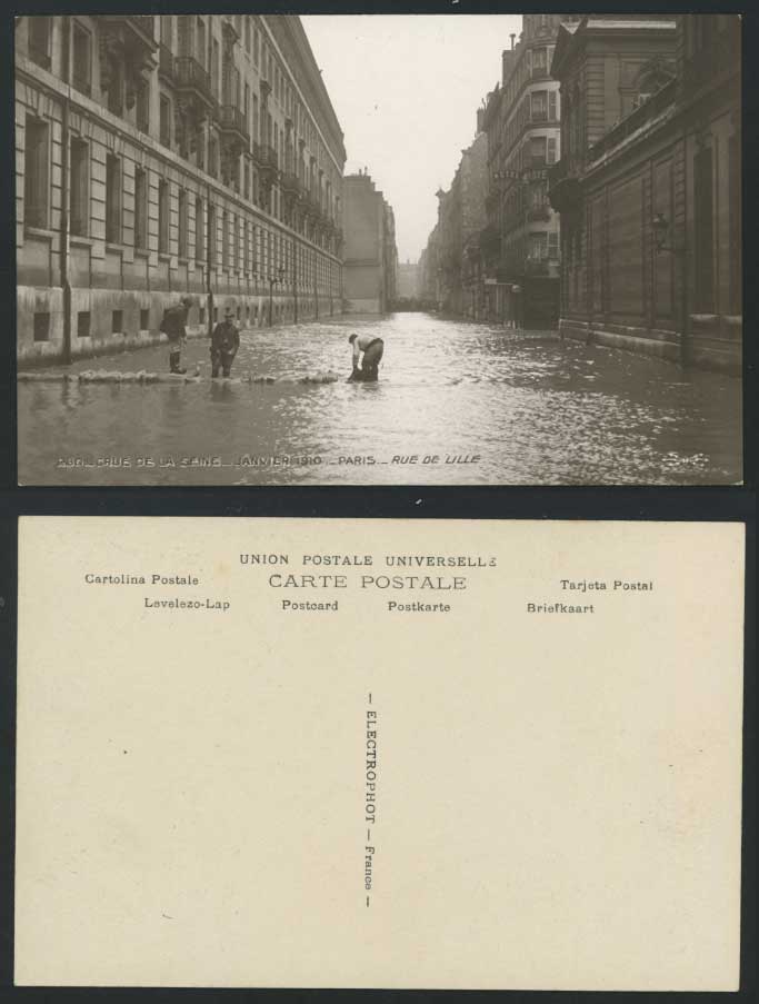PARIS FLOOD 1910 Old Real Photo Postcard Rue de Lille Street Men Making a Bridge