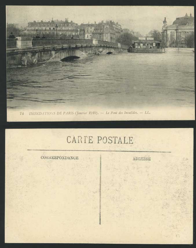 PARIS FLOOD 1910 Old Postcard Le Pont des Invalides Bridge River L.L.74 Sunlight