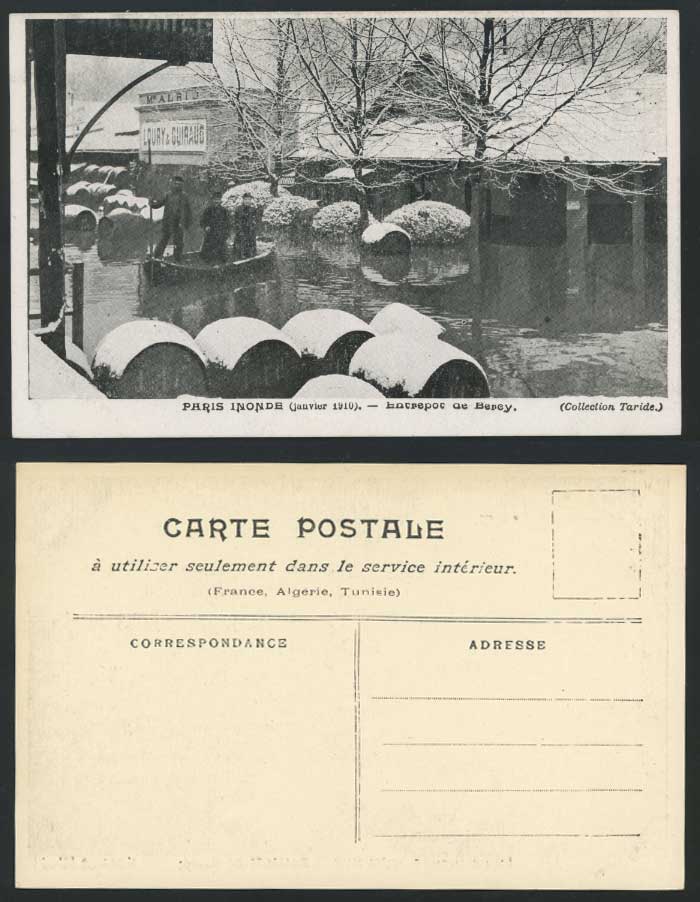 PARIS FLOOD 1910 Old Postcard Entrepot de Bercy Loury & Guiraud Wine Barrel Snow