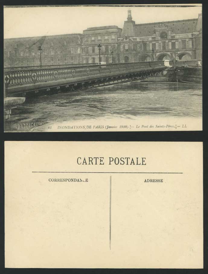 PARIS FLOOD Disasters 1910 Old Postcard Le Pont des Saints-Peres Bridge L.L. 61