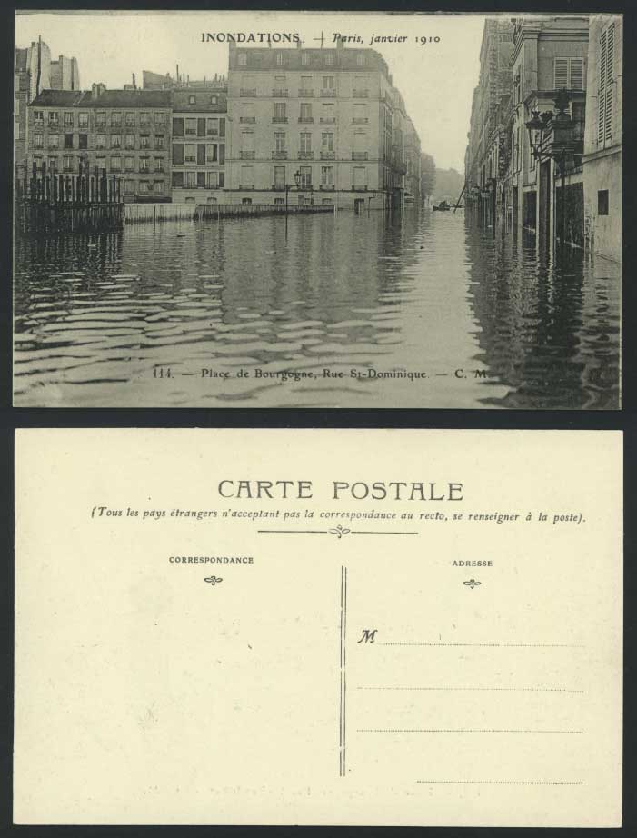 PARIS FLOOD 1910 Old Postcard Place de Bourgogne Rue St-Dominique Flooded Street