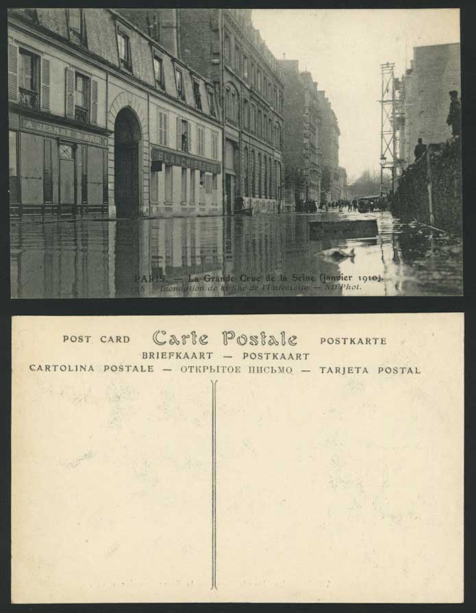 PARIS FLOOD 1910 Old Postcard Rue de l'Universite Flooded University Street View