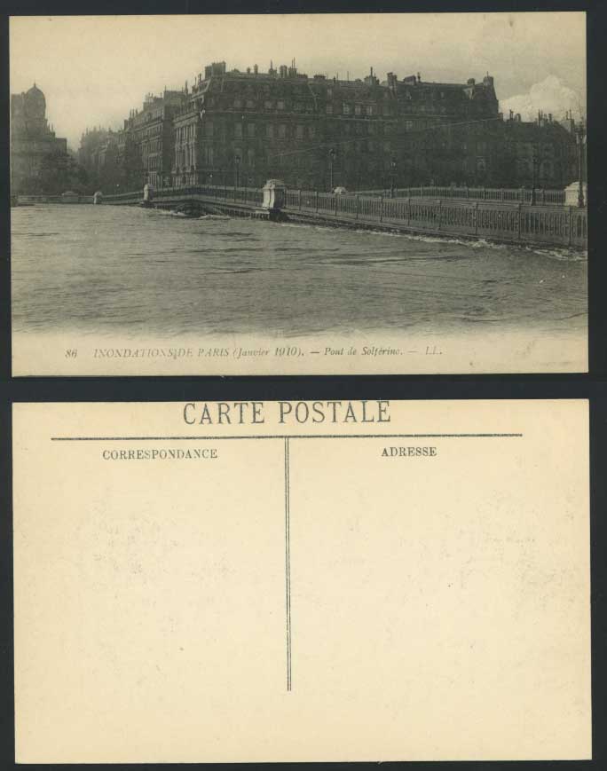PARIS FLOOD Inondations 1910 Old Postcard Pont de Solferino Bridge River L.L. 86