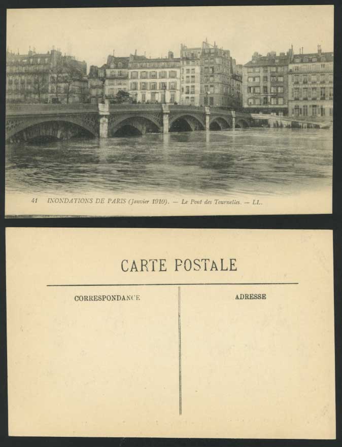 PARIS FLOOD Jan 1910 Postcard Le Pont des Tournelles Bridge, Grand Hotel L.L. 41