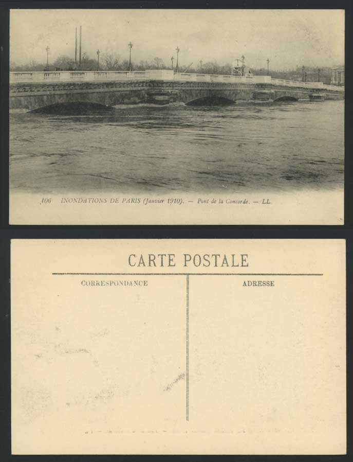 PARIS FLOOD Inondations Ja 1910 Old Postcard Pont de la Concorde Bridge L.L. 106