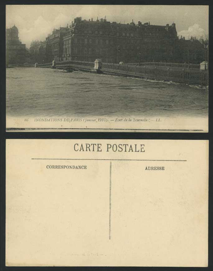 PARIS FLOOD 1910 Old Postcard Pont de la Tournelle, BRIDGE Flooded River L.L. 86