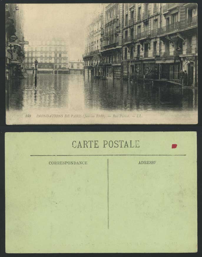PARIS FLOOD 1910 Old Postcard Rue Parrot Flooded Street Hotels Modean and Ariana