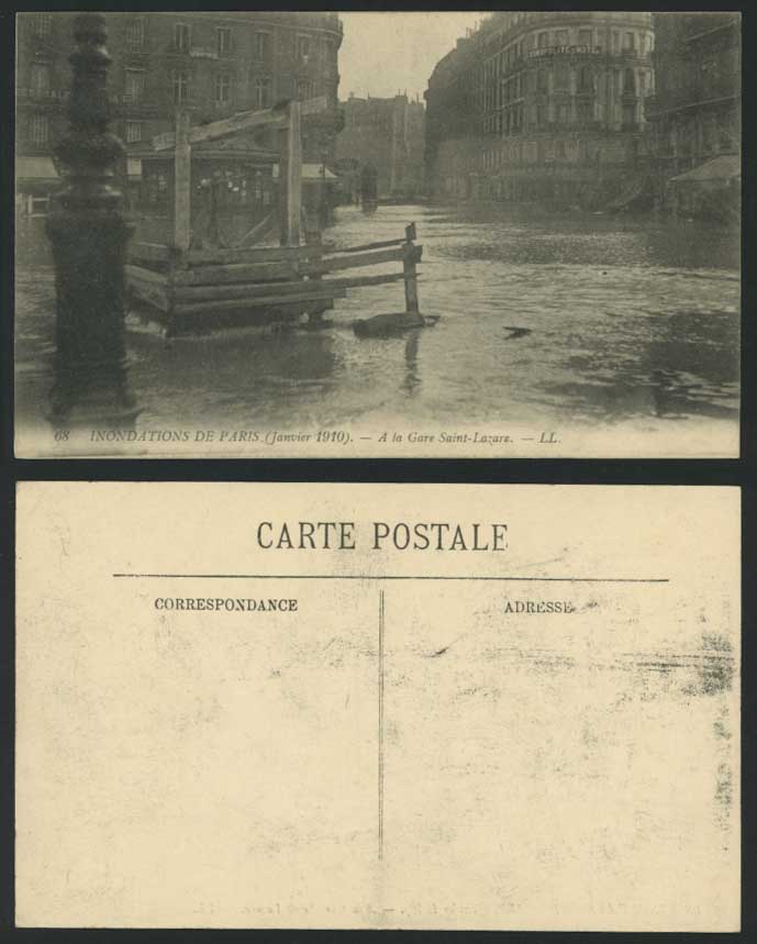 PARIS FLOOD 1910 Old Postcard La Gare Saint-Lazare Railway Station Hotel L.L. 68