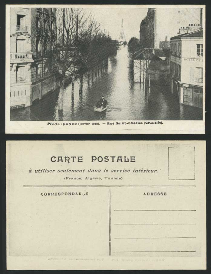 PARIS FLOOD 1910 Old Postcard Rue Saint-Charles Tour Eiffel Tower Hotel & Street