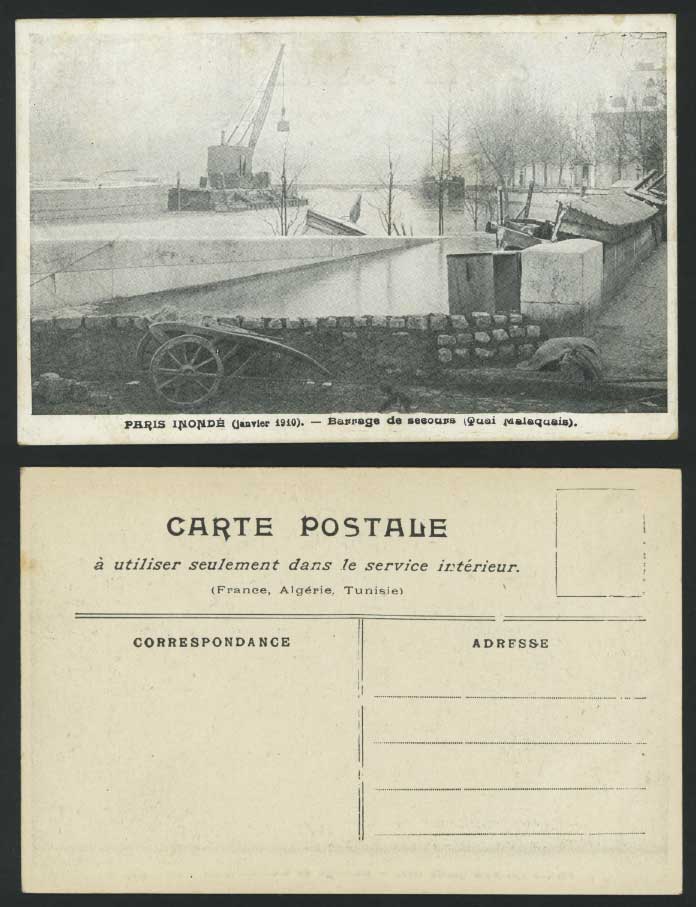 PARIS FLOOD 1910 Old Postcard Barrage de Secours Quai Malaquais, Quay Cart Crane